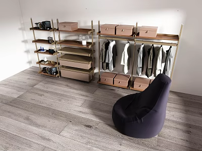Open Storage Shelving Unit With Organizing Boxes And Hanging Clothing Items On Wooden Floor 3d model