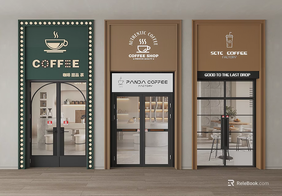 Coffee Shop Storefronts with Glass Double Doors Exterior Design and Signage 3d model 
