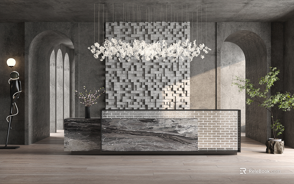 Modern Reception Desk With Marble Countertop Brick Wall Accent Gray Wall Archway And Chandelier 3d model 