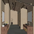 Rustic Public Restroom Interior With Stone Walls Wooden Countertops And Slate Floor