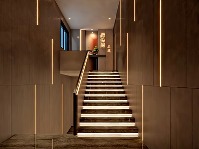 Modern Corridor Staircase Design With Dark Walls Vertical Light Strips Black Handrail And Illuminated Steps 3d model