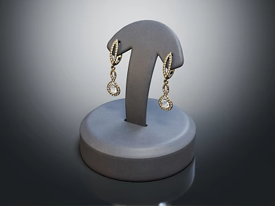 Elegant Gold Diamond Earrings on Gray Round Base Jewelry Display Stand 3d model