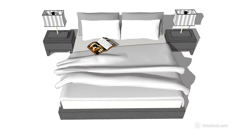 Modern Double Bed with White Bedding Bedside Tables Table Lamps and Open Book 3d model 