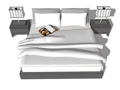 Modern Double Bed with White Bedding Bedside Tables Table Lamps and Open Book 3d model