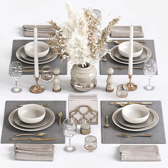 Elegant Tableware Set With Gray Placemats Golden Cutlery White Bowls And Decorative Vase 3d model 