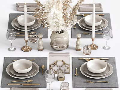 Elegant Tableware Set With Gray Placemats Golden Cutlery White Bowls And Decorative Vase 3d model