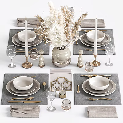 Elegant Tableware Set With Gray Placemats Golden Cutlery White Bowls And Decorative Vase 3d model