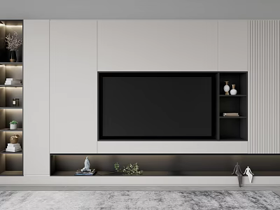 Modern TV Wall Design With Light Panels Built In TV Decorative Shelves And Green Plants 3d model