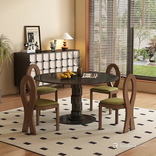 Modern Dining Room Interior With Round Black Table Green Cushions Wooden Chairs And Decorative Cabinet 3d model 