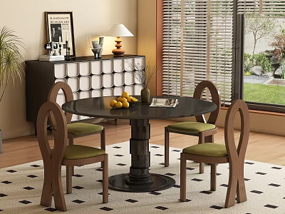 Modern Dining Room Interior With Round Black Table Green Cushions Wooden Chairs And Decorative Cabinet 3d model