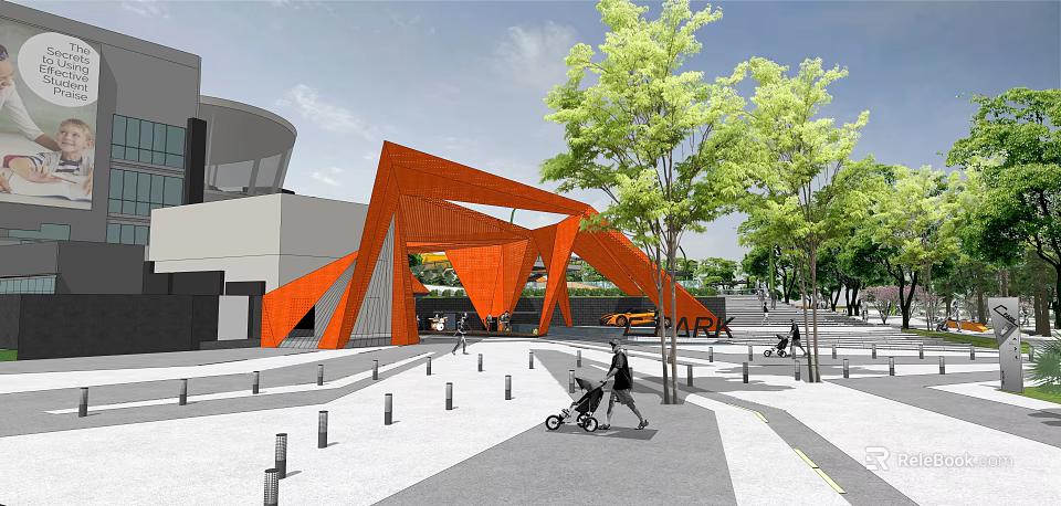 Urban Square Landscape Featuring Orange Geometric Structure Trees Pedestrians And Stroller 3d model