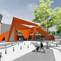 Urban Square Landscape Featuring Orange Geometric Structure Trees Pedestrians And Stroller 3d model