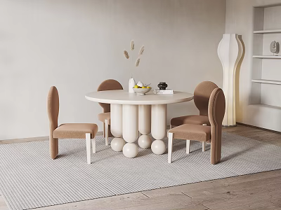 Round Dining Table Set With Brown Upholstered Chairs Spherical Ball Base And Light Rug 3d model