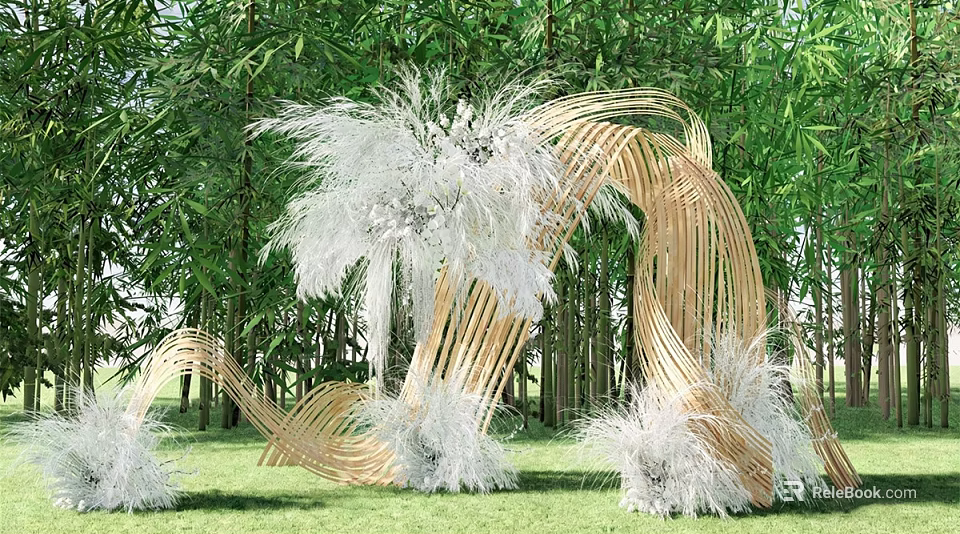 Bamboo Pergola with Curved Design Decorated with White Plants Surrounded by Green Bamboo and Grass 3d model 