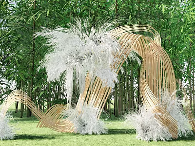 Bamboo Pergola with Curved Design Decorated with White Plants Surrounded by Green Bamboo and Grass 3d model