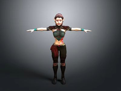 3D Character Woman With Arms Outstretched In Decorative Green Top Red Accents Black Pants Boots 3d model