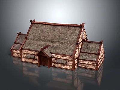 Cartoon Scenery Traditional Thatched Roof House With Wooden Frames And Multiple Roofs 3d model