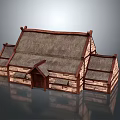 Cartoon Scenery Traditional Thatched Roof House With Wooden Frames And Multiple Roofs