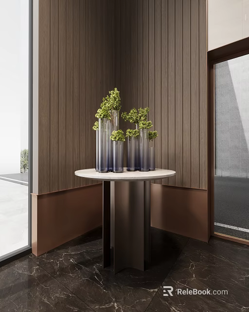 Modern Interior With Transparent Vases And Green Flowers On White Round Table By Wooden Wall 3d model 