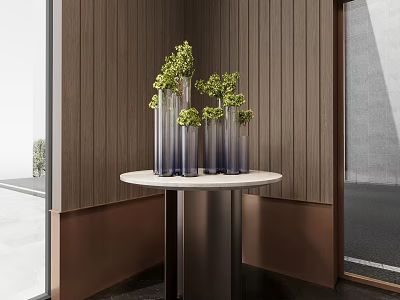 Modern Interior With Transparent Vases And Green Flowers On White Round Table By Wooden Wall 3d model