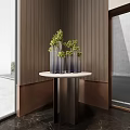 Modern Interior With Transparent Vases And Green Flowers On White Round Table By Wooden Wall