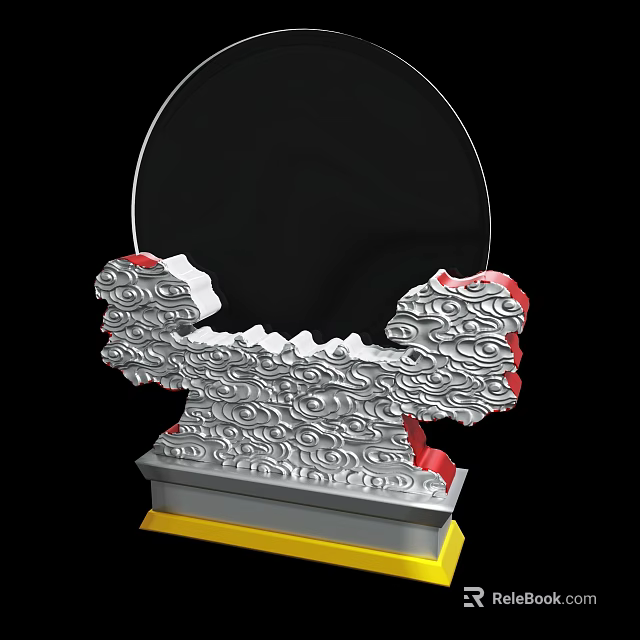 Artistic Sculpture With Red Silver Decorations Wave Patterns And Yellow Base 3d model 