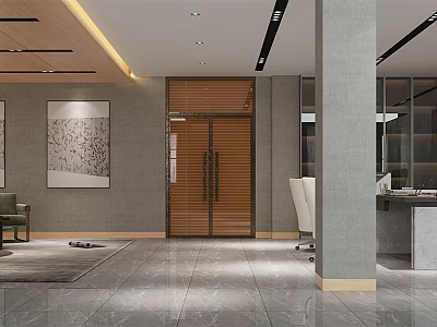 Modern Spacious Office Interior With Wall Art Wooden Door And Marble Floor 3d model