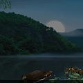 Green Mountains Full Moon Flying Birds Over Lake with Small Boat and Lotus Leaves