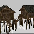 Traditional Wooden Stilt Houses Architecture With Thatched Roofs Wooden Stairs And Stilts