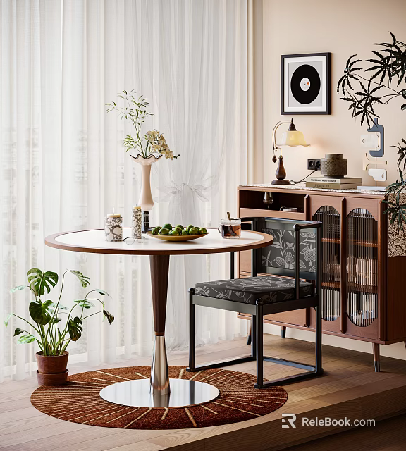 Elegant Round Dining Table Set With Patterned Chairs Floral Vase Plants And Wooden Cabinet 3d model 