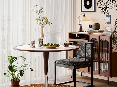 Elegant Round Dining Table Set With Patterned Chairs Floral Vase Plants And Wooden Cabinet 3d model
