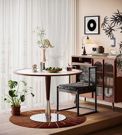 Elegant Round Dining Table Set With Patterned Chairs Floral Vase Plants And Wooden Cabinet 3d model