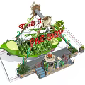 Pirate Ship Amusement Ride With Green Decorations Plants Wooden Structure And Steps
