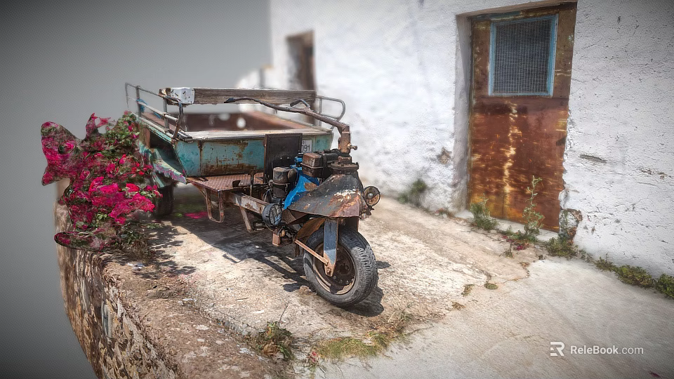 Motorcycle with cart parked near white wall and rusted door beside red flowers 3d model 