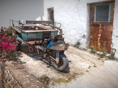 Motorcycle with cart parked near white wall and rusted door beside red flowers 3d model