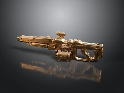 Golden Futuristic Weapon With Detailed Mechanical Structure And Scope On Reflective Black Surface 3d model