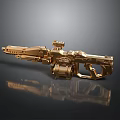Golden Futuristic Weapon With Detailed Mechanical Structure And Scope On Reflective Black Surface
