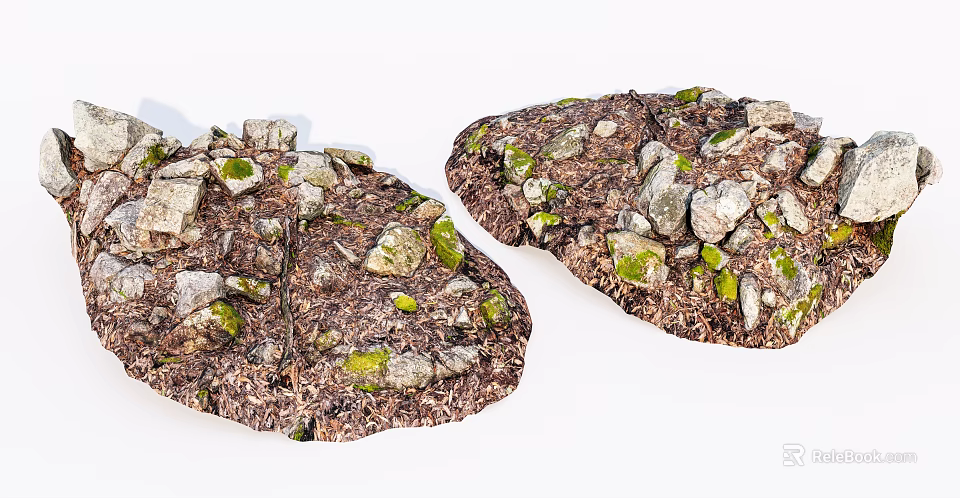 Natural Stone And Wood Decorative Elements With Mossy Texture And Organic Design 3d model 