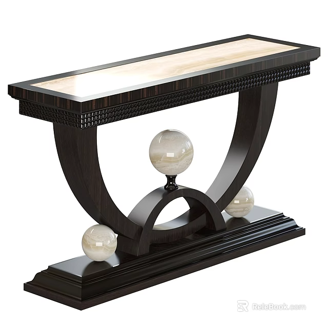 Functional Desk With Sturdy Black Wooden Frame Marble Top And Spherical Decor Elements 3d model