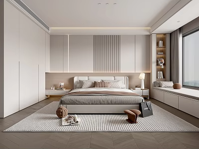 Elegant Modern Bedroom Interior With White Wardrobe Bed Rug And Bookshelf 3d model