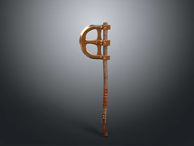 Ancient Metal And Wooden Weapon With Curved Head And Decorative Long Shaft 3d model