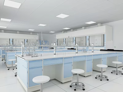 Modern Laboratory Bright Interior With White Walls Blue Lab Benches Stools And Instruments 3d model