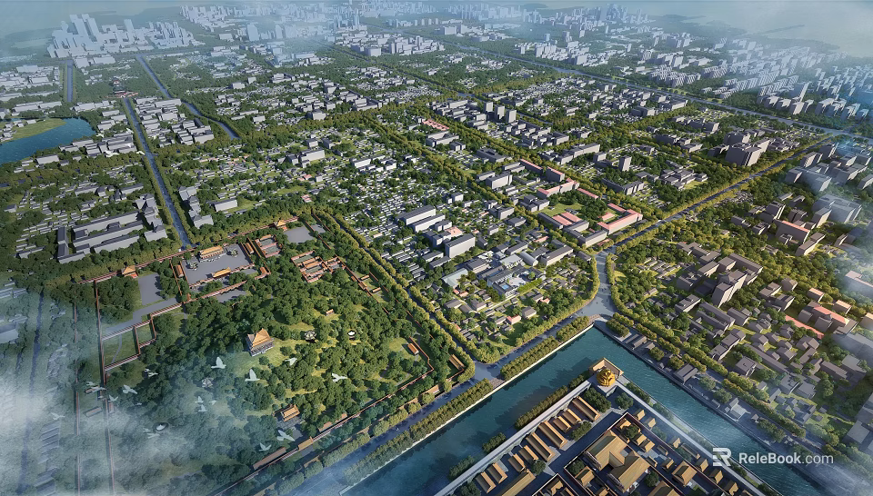 Detailed Aerial Planning Layout With Residential Buildings Green Spaces Road Networks And River 3d model 