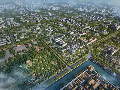 Detailed Aerial Planning Layout With Residential Buildings Green Spaces Road Networks And River 3d model