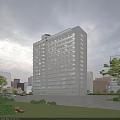 Modern Office Building Exterior With Glass Curtain Walls Urban Setting Trees And People Walking