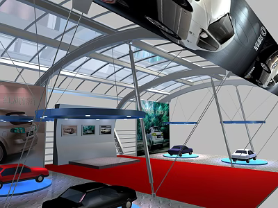Modern Auto Showroom With Various Colored Cars Red Carpet And Transparent Ceiling 3d model
