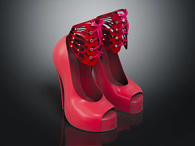 Red High Heel Shoes with Peep Toe Cutout Design and Bows 3d model