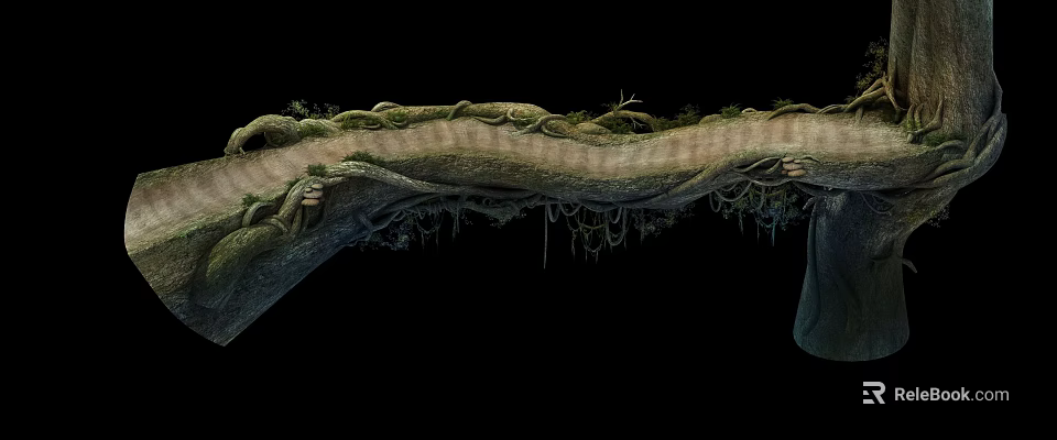 Natural Wooden Stone Bridge Structure With Twisted Roots And Hanging Moss Vines 3d model 