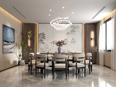 Chinese Style Private Dining Room With Round Table And Chandelier 3d model