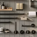 Modern Bathroom Accessories With Wooden Shelves Towels And Toiletries On Gray Tiled Wall